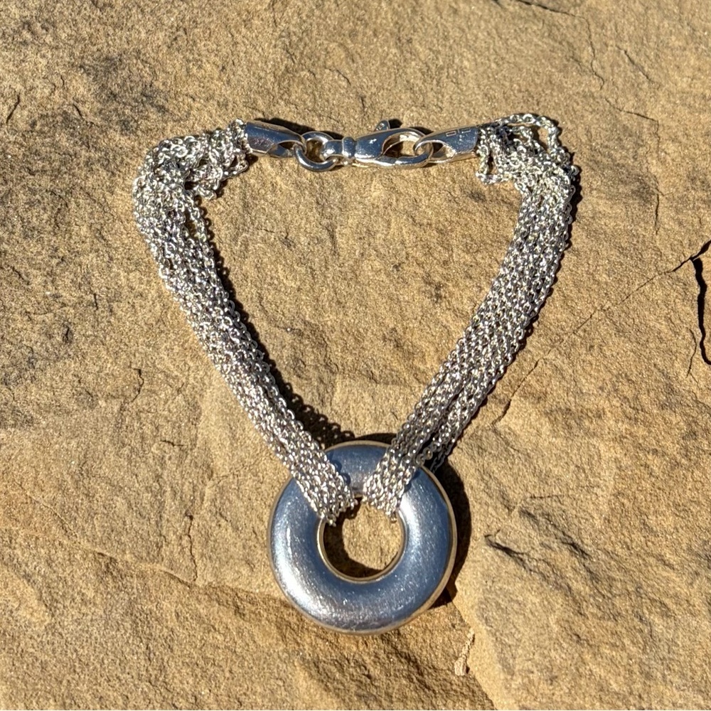 Multi-Chain 925 Sterling SilverBracelet with Circle Pendant - Picture 2 of 6
